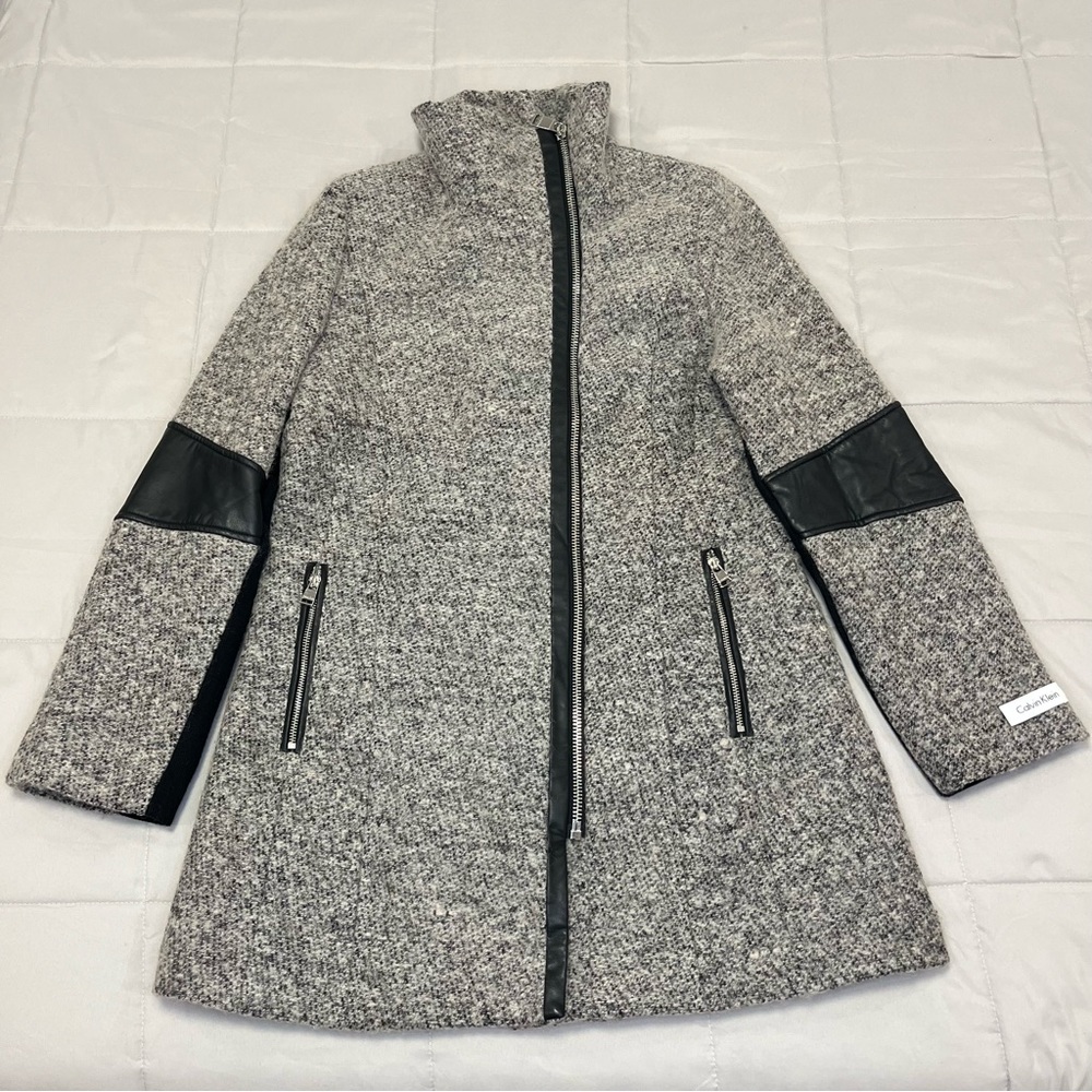 Calvin Klein Women’s Large Wool Blend Asymmetrical Zipper Coat Faux Leather Trim